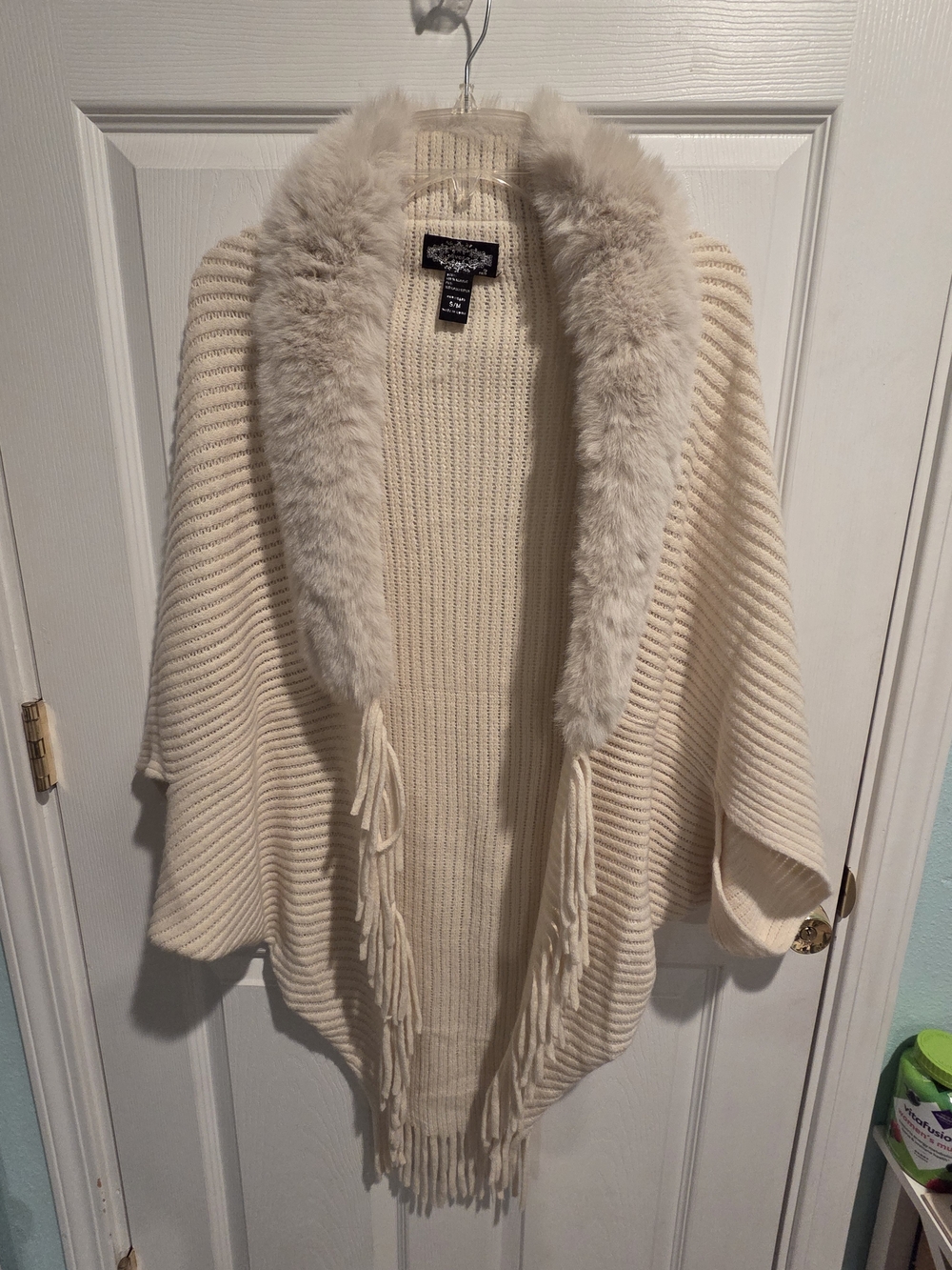 Faux-Fur Trim Cream Knit Open-Front Sweater